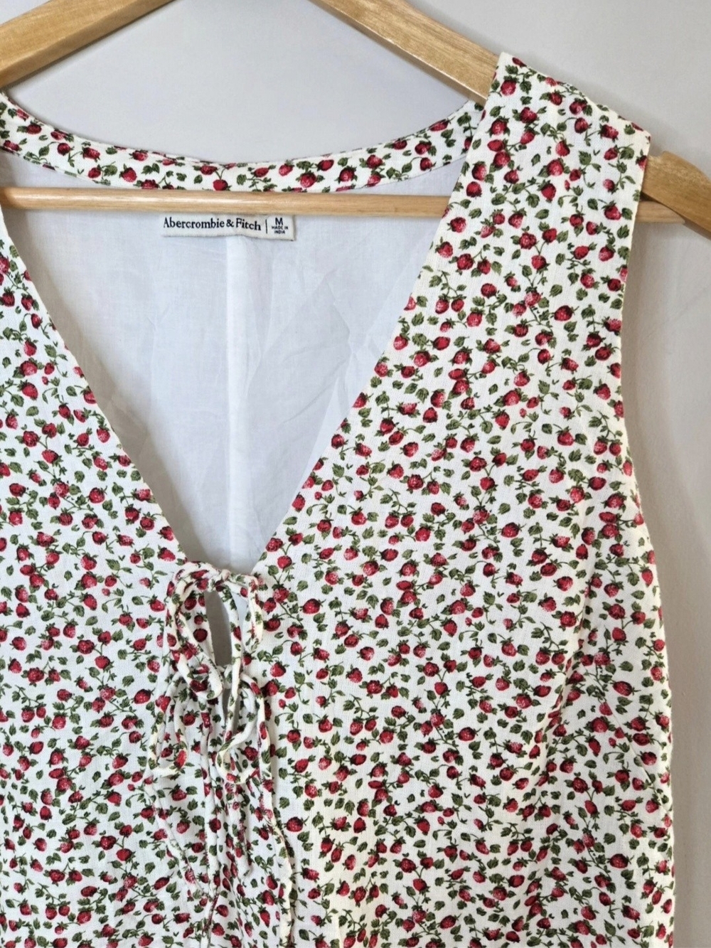 Abercrombie & Fitch white linen blend mini dress, strawberry print, lace up top